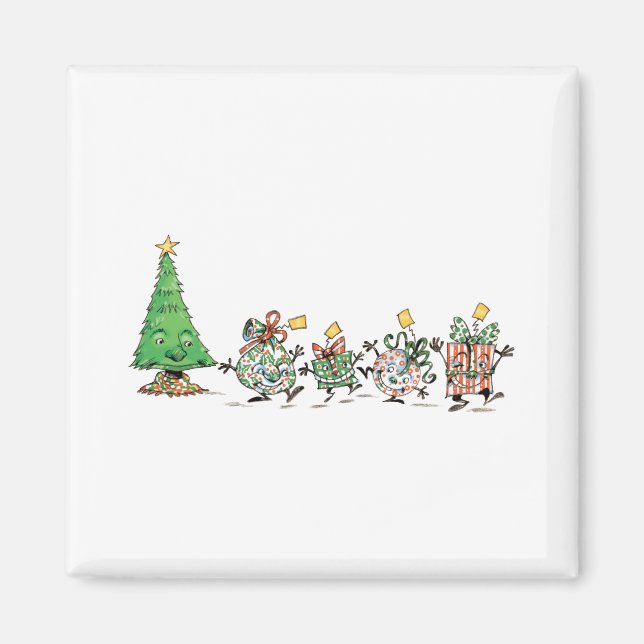 Cute Cartoon Dancing Christmas Presents and Tree Magnet (Front)