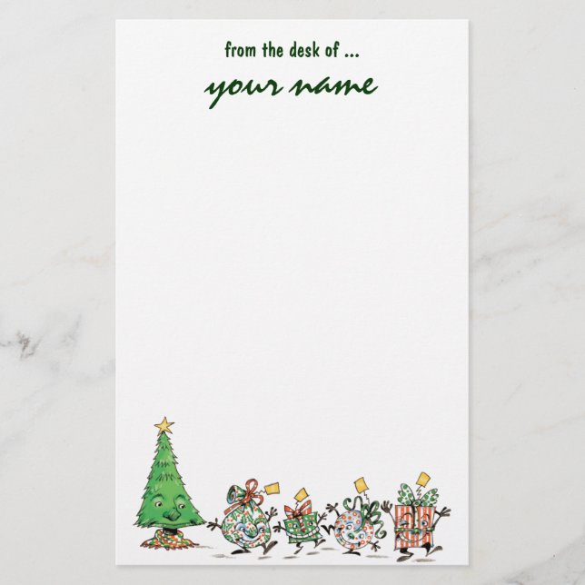 Cute Cartoon Dancing Christmas Presents and Tree Stationery (Front)