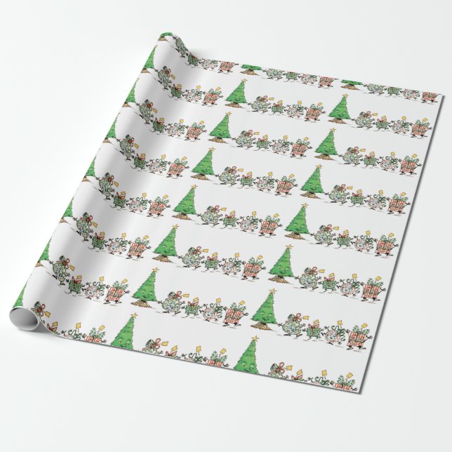 Cute Cartoon Dancing Christmas Presents and Tree Wrapping Paper (Unrolled)
