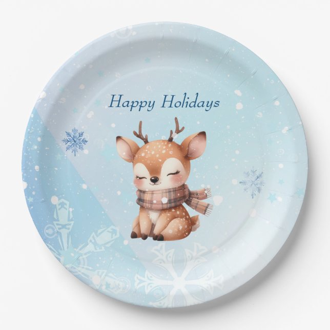 Cute Cartoon Deer in Snow Paper Plate (Front)
