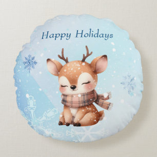 Cute Cartoon Deer in Snow Round Cushion