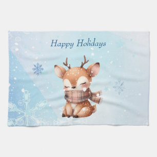 Cute Cartoon Deer in Snow Tea Towel