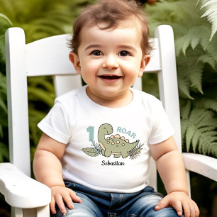Cute Cartoon Dinosaur Blue Green Boy 1st Birthday Baby T-Shirt