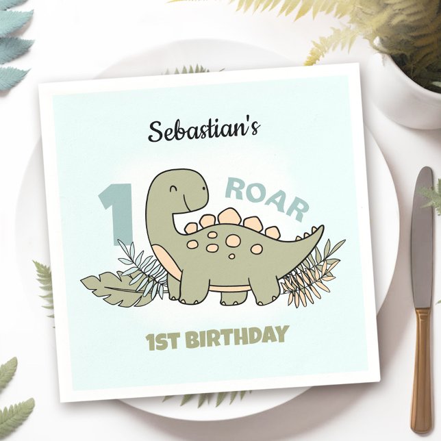 Cute Cartoon Dinosaur Blue Green Boy 1st Birthday Napkin (Cute Cartoon Dinosaur Blue Green Boy 1st Birthday Napkins)