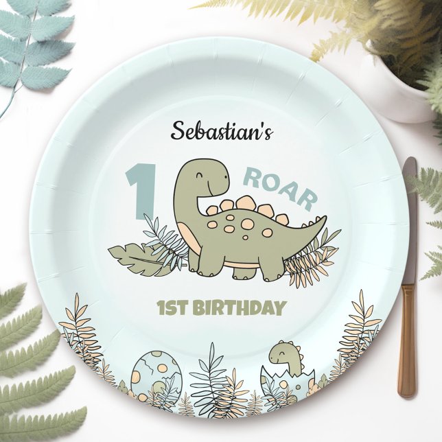 Cute Cartoon Dinosaur Blue Green Boy 1st Birthday Paper Plate (Cute Cartoon Dinosaur Blue Green Boy 1st Birthday Paper Plates)