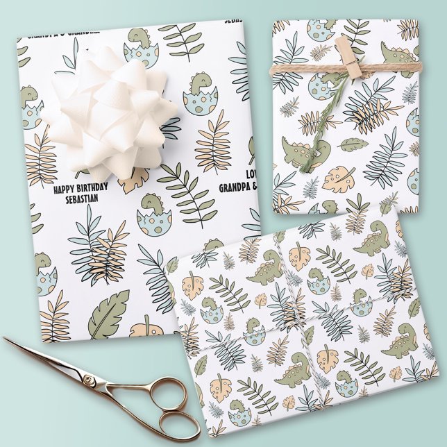 Cute Cartoon Dinosaur Blue Green Boy Name Wrapping Paper Sheet (Cute Cartoon Dinosaur Blue Green Boy Name Wrapping Paper Sheets)