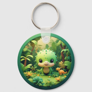 Cute Cartoon Dinosaur in Bamboo Forest Key Ring