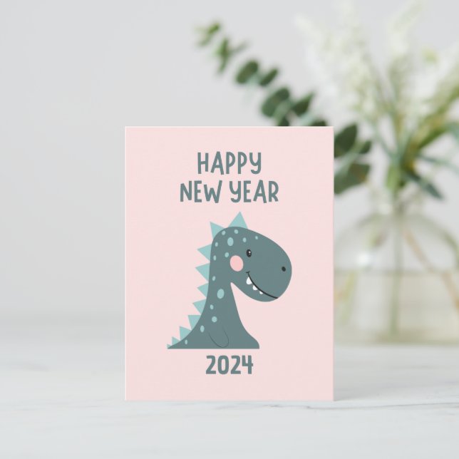 Cute Cartoon Dinosaur New Year Pink Postcard (Standing Front)