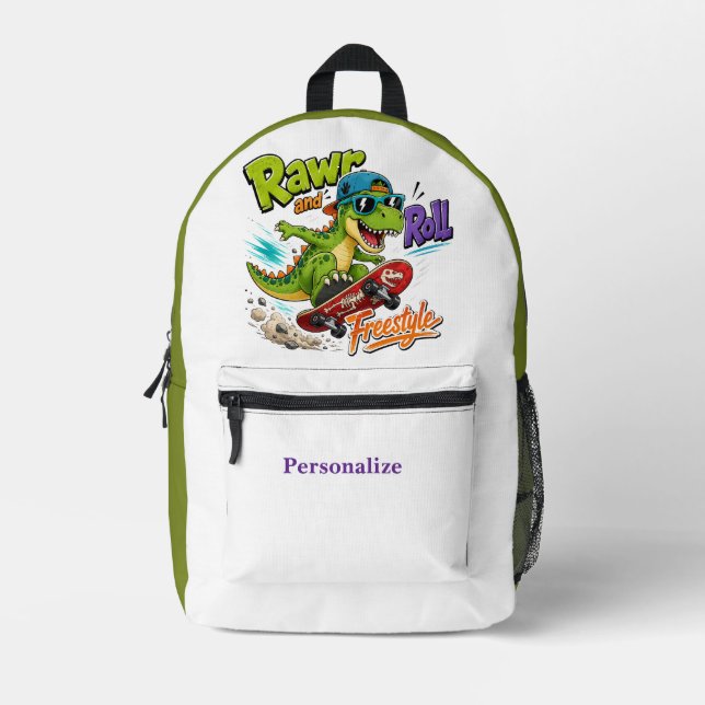 Cute Cartoon Dinosaur on Skateboard Personalised Printed Backpack (Front)