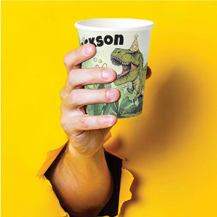 Cute Cartoon Dinosaur Theme Kids Name Birthday Paper Cups
