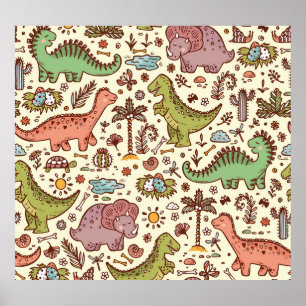 Cute Cartoon Dinosaur Vintage Pattern Poster