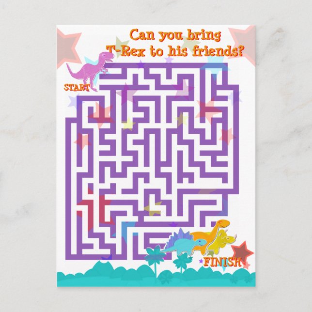 Cute Cartoon Dinosaurs Labyrinth Puzzle Game Postcard (Front)