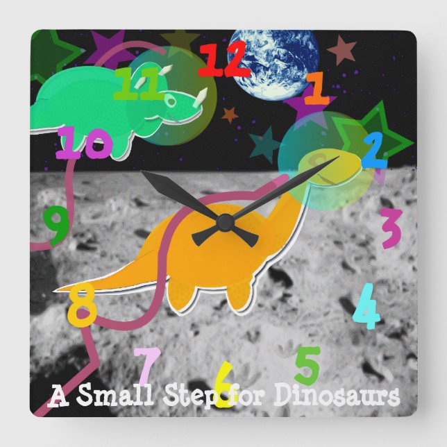 Cute Cartoon Dinosaurs on the Moon Square Wall Clock (Front)
