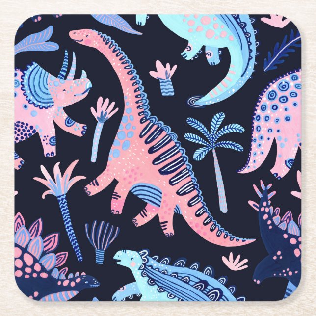 Cute cartoon dinosaurs pattern. square paper coaster (Front)