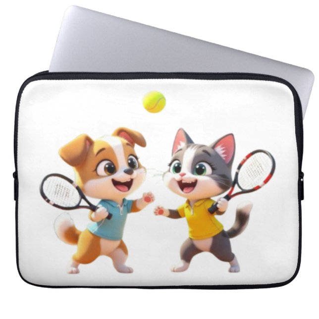 Cute Cartoon Dog and Cat Playing Padel Tennis – Fu Laptop Sleeve (Front)