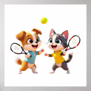 Cute Cartoon Dog and Cat Playing Padel Tennis – Fu Poster