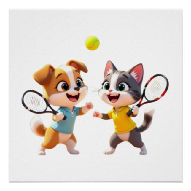 Cute Cartoon Dog and Cat Playing Padel Tennis – Fu Poster (Front)