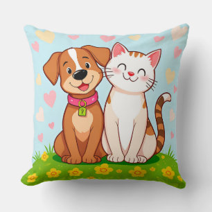Cute Cartoon Dog and Cat Sitting Together Cushion