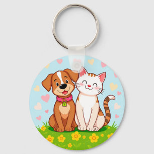 Cute Cartoon Dog and Cat Sitting Together Key Ring
