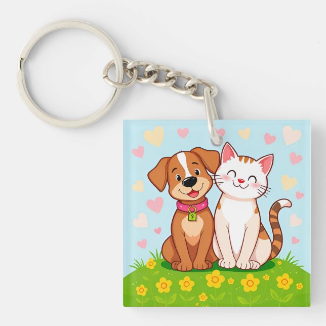 Cute Cartoon Dog and Cat Sitting Together Key Ring (Front)
