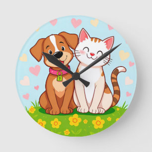 Cute Cartoon Dog and Cat Sitting Together Round Clock