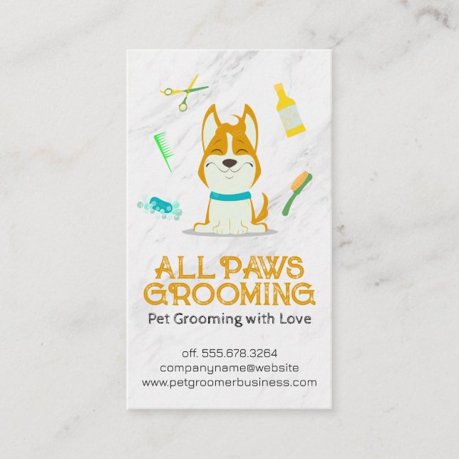 Cute Cartoon Dog and Grooming Tools Business Card (Front)