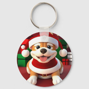Cute Cartoon Dog in Santa Outfit  Key Ring