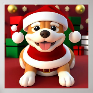 Cute Cartoon Dog in Santa Outfit Poster