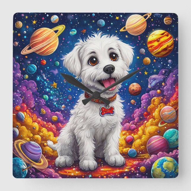 Cute cartoon dog in the space square wall clock (Front)