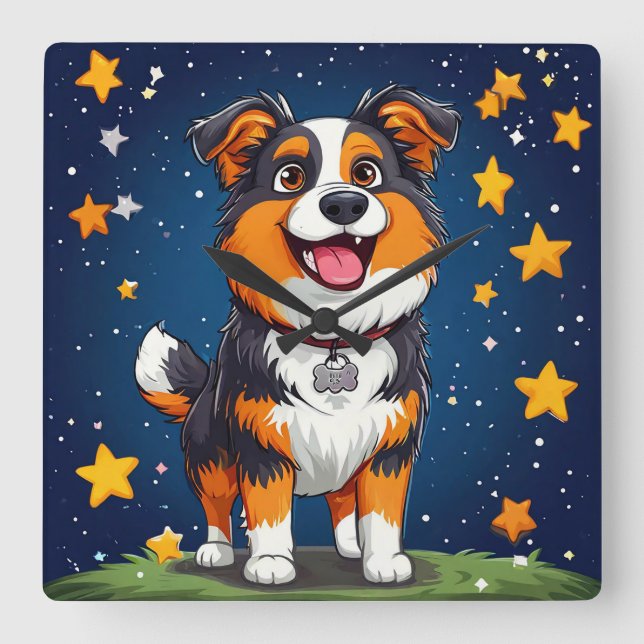 Cute cartoon dog square wall clock (Front)