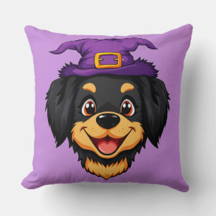 Cute Cartoon Dog Wearing a Purple Witch Hat Cushion