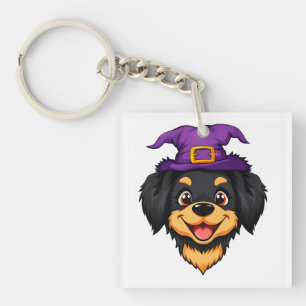Cute Cartoon Dog Wearing a Purple Witch Hat Key Ring
