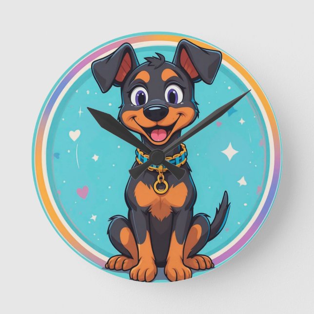 Cute Cartoon Dog With Collar Round Clock (Front)