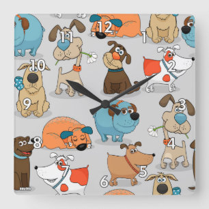 Cute Cartoon Doggies or Puppies Square Wall Clock