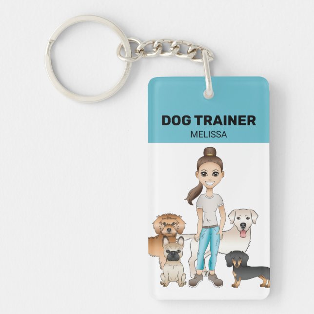 Cute Cartoon Dogs And A Cartoon Girl - Dog Trainer Key Ring (Front)