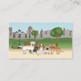 Cute Cartoon Dogs In A Park - Dog Walking Services Business Card