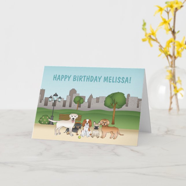 Cute Cartoon Dogs In A Park Happy Birthday Card (Yellow Flower)