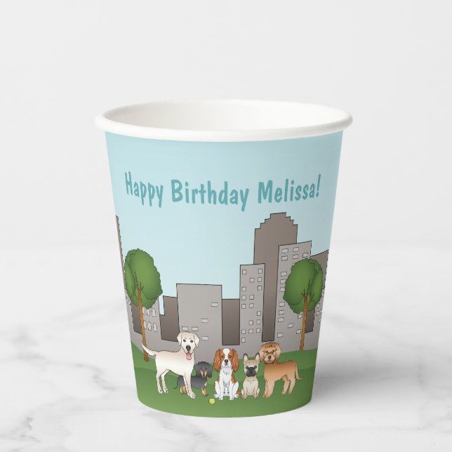 Cute Cartoon Dogs In A Park Happy Birthday Paper Cups (Front)