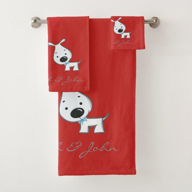 Cute Cartoon Dogs In Love -Personalised Bath Towel Set (Insitu)