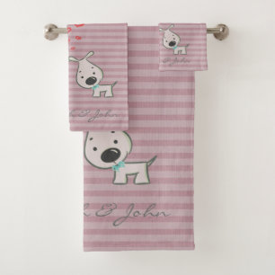 Cute Cartoon Dogs In Love,Stripes  -Personalised Bath Towel Set