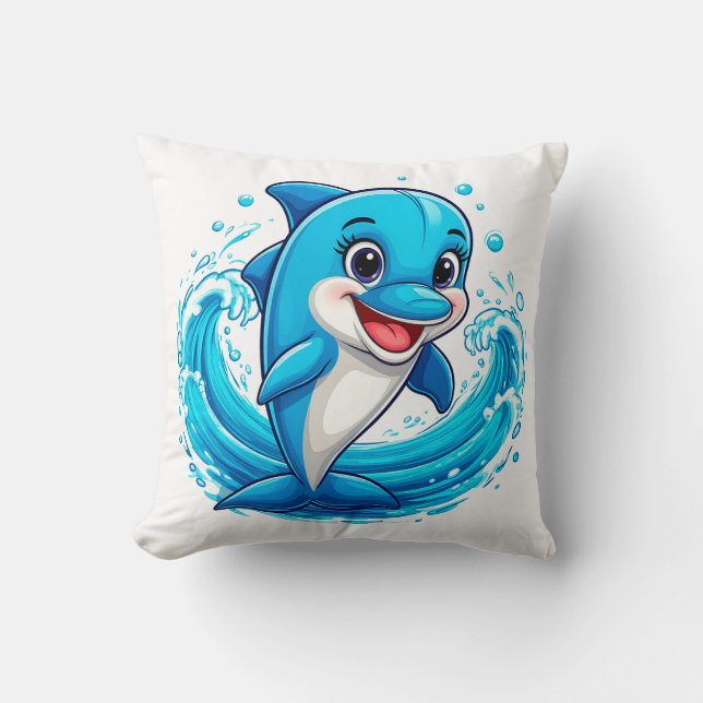 Cute Cartoon Dolphin Splashing in Water Cushion (Front)