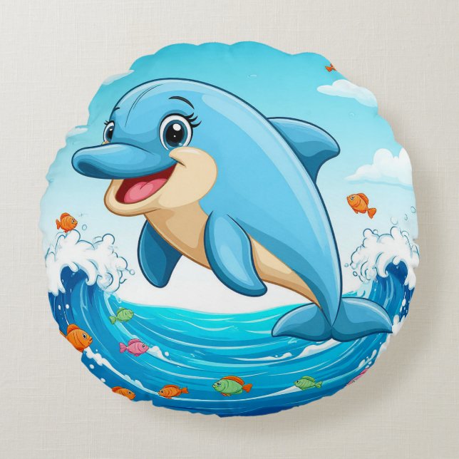 Cute Cartoon Dolphin Splashing in Water Round Cushion (Front)