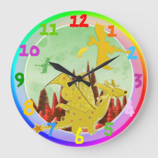 Cute Cartoon Dragon Rainbow Colours Large Clock