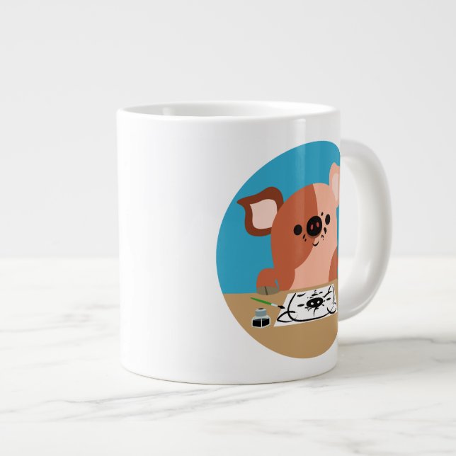 Cute Cartoon Drawing Pig Large Coffee Mug (Front Right)