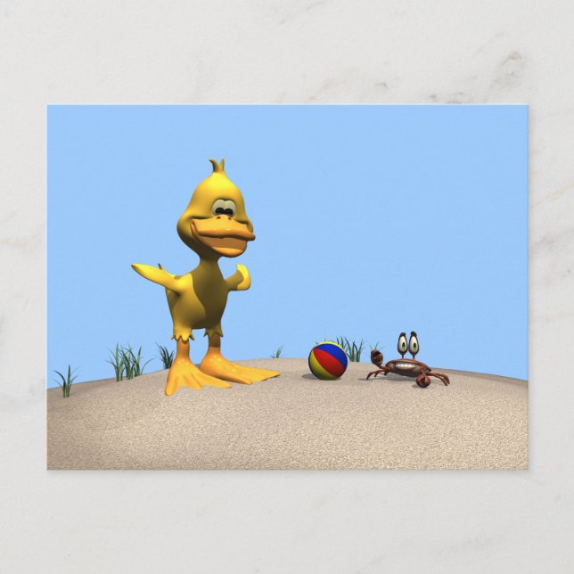 Cute Cartoon Duck and Crab on Beach Postcard (Front)