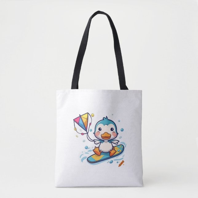 "Cute Cartoon Duckling Kiteboarding - White Backgr Tote Bag (Front)