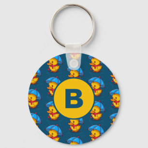 Cute Cartoon Ducks Under Umbrellas Monogram Key Ring