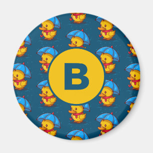 Cute Cartoon Ducks Under Umbrellas Monogram Magnet