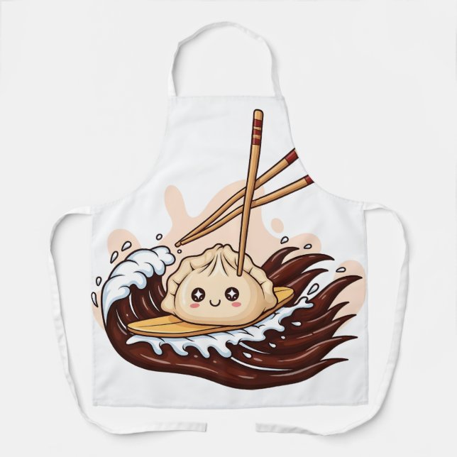 Cute Cartoon Dumpling Surfing on a Soy Sauce Wave Apron (Front)