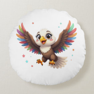 Cute Cartoon Eagle Flying – Friendly Vector Art Round Cushion